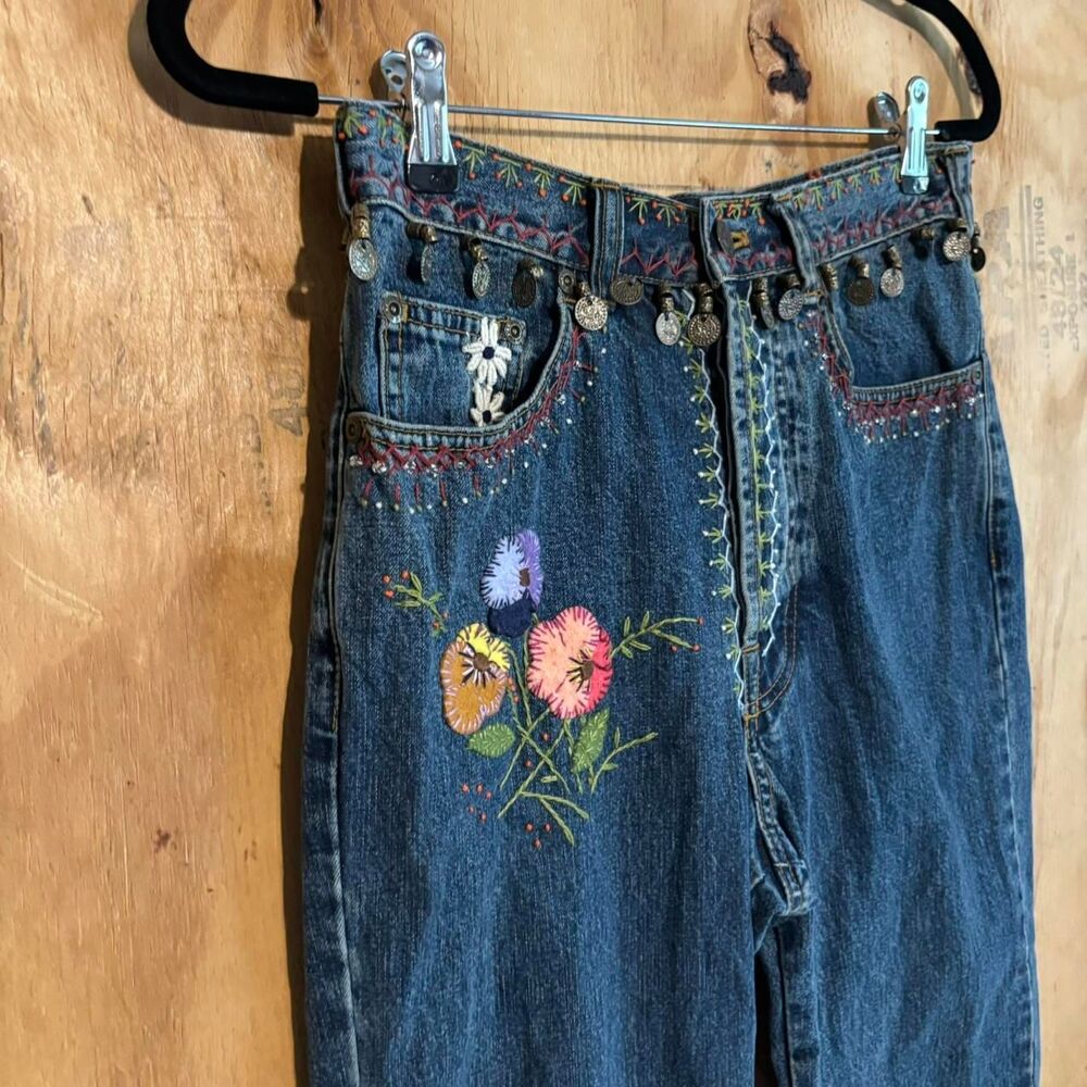 Vintage 90s DKNY High Waist Embroidered Hippie 100% Cotton Jeans Sz 2 - Picture 2 of 7